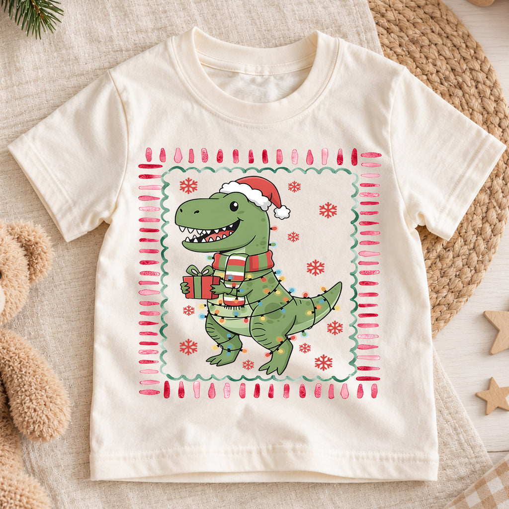 Cute Christmas T-Rex Dinosaur Shirt, Holiday Lights Dino Kids Tee, Festive Winter Top, Cute Dinosaur Christmas Outfit, Gift For Kids — product view 1