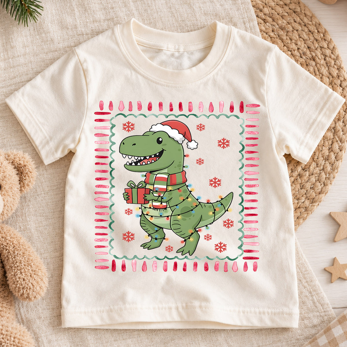 Cute Christmas T-Rex Dinosaur Shirt, Holiday Lights Dino Kids Tee, Festive Winter Top, Cute Dinosaur Christmas Outfit, Gift For Kids — product view 1