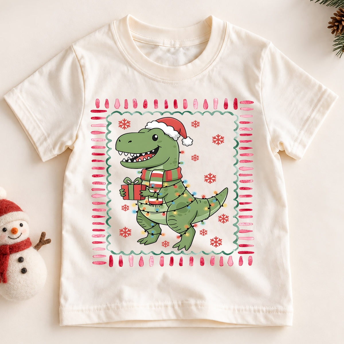 Cute Christmas T-Rex Dinosaur Shirt, Holiday Lights Dino Kids Tee, Festive Winter Top, Cute Dinosaur Christmas Outfit, Gift For Kids — product view 2