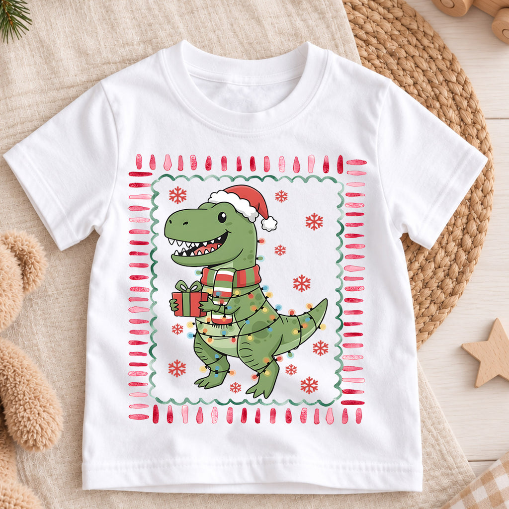 Cute Christmas T-Rex Dinosaur Shirt, Holiday Lights Dino Kids Tee, Festive Winter Top, Cute Dinosaur Christmas Outfit, Gift For Kids — product view 3