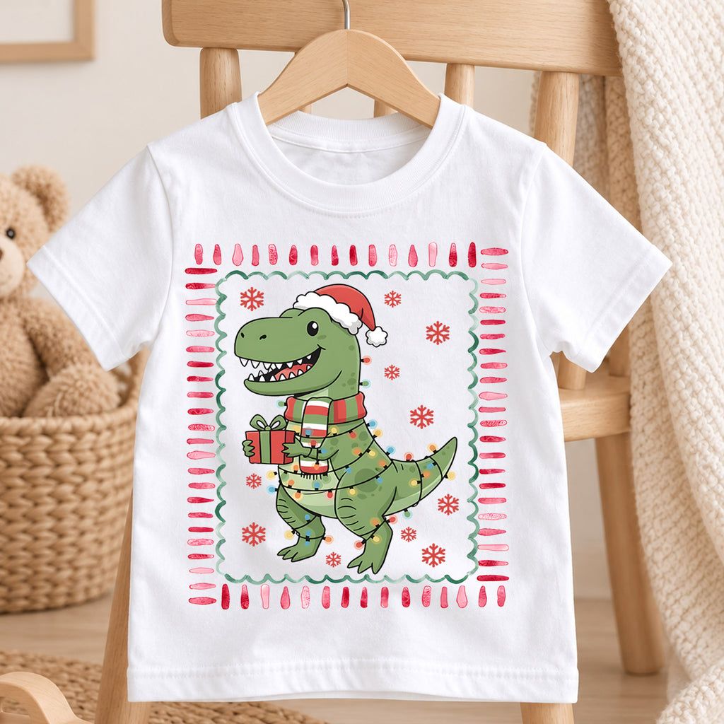 Cute Christmas T-Rex Dinosaur Shirt, Holiday Lights Dino Kids Tee, Festive Winter Top, Cute Dinosaur Christmas Outfit, Gift For Kids — product view 4