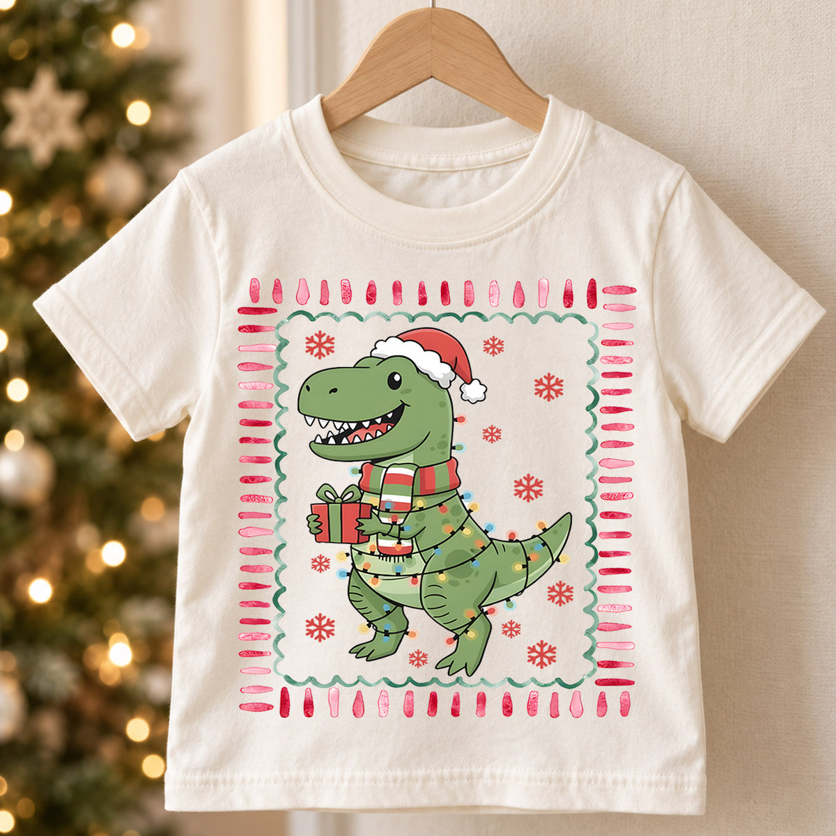 Cute Christmas T-Rex Dinosaur Shirt, Holiday Lights Dino Kids Tee, Festive Winter Top, Cute Dinosaur Christmas Outfit, Gift For Kids — product view 5