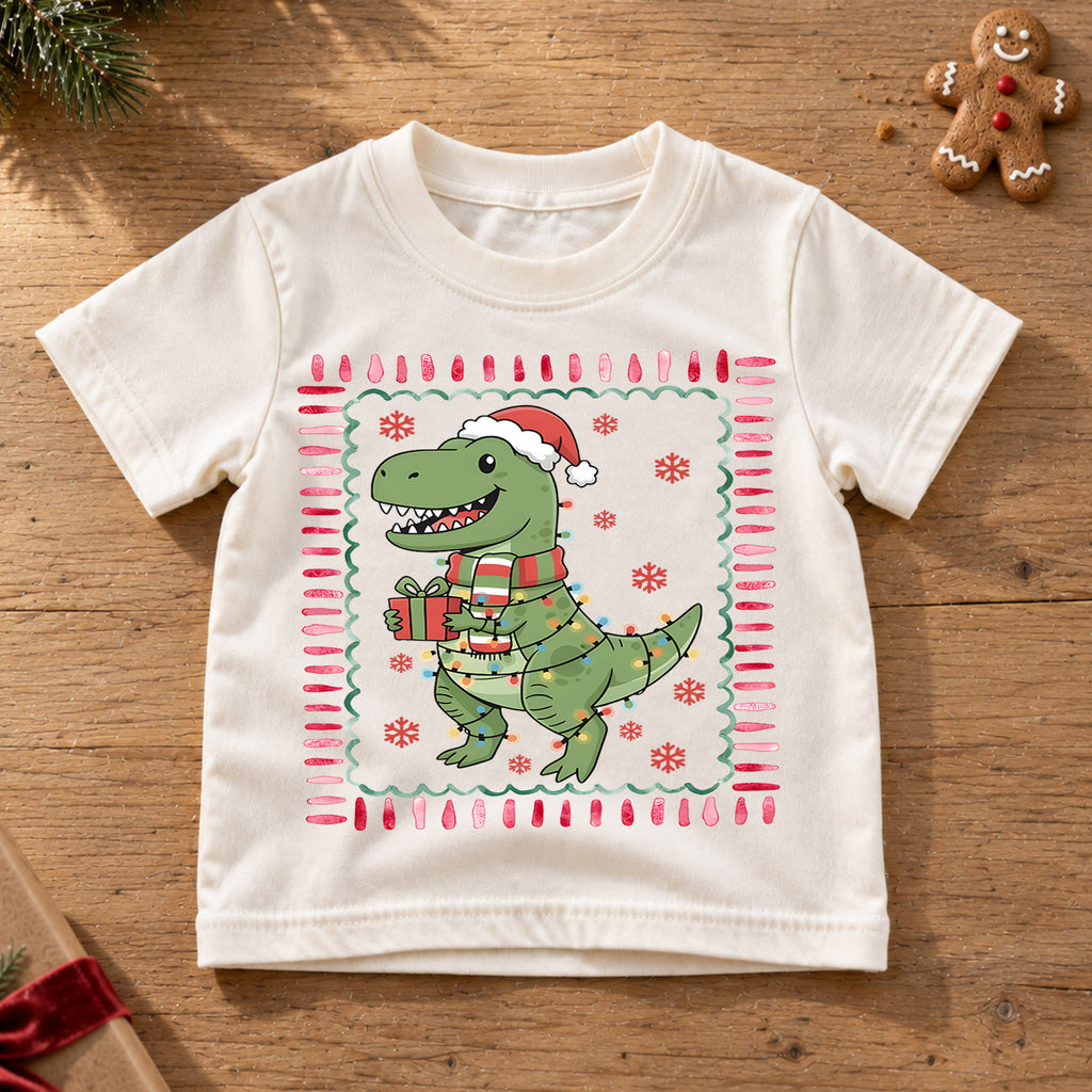 Cute Christmas T-Rex Dinosaur Shirt, Holiday Lights Dino Kids Tee, Festive Winter Top, Cute Dinosaur Christmas Outfit, Gift For Kids — product view 6