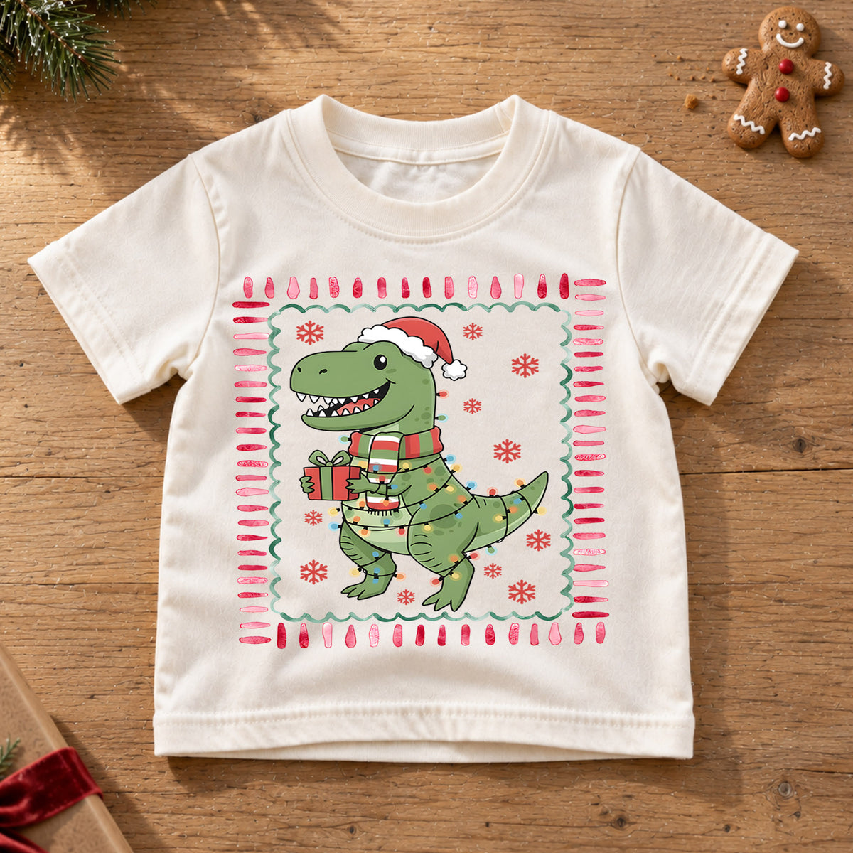 Cute Christmas T-Rex Dinosaur Shirt, Holiday Lights Dino Kids Tee, Festive Winter Top, Cute Dinosaur Christmas Outfit, Gift For Kids — product view 6