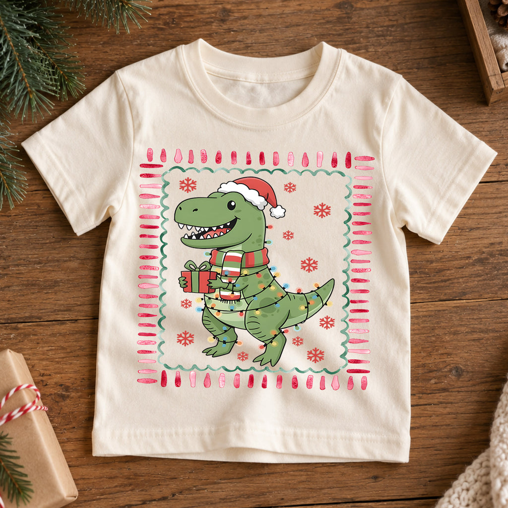 Cute Christmas T-Rex Dinosaur Shirt, Holiday Lights Dino Kids Tee, Festive Winter Top, Cute Dinosaur Christmas Outfit, Gift For Kids — product view 7