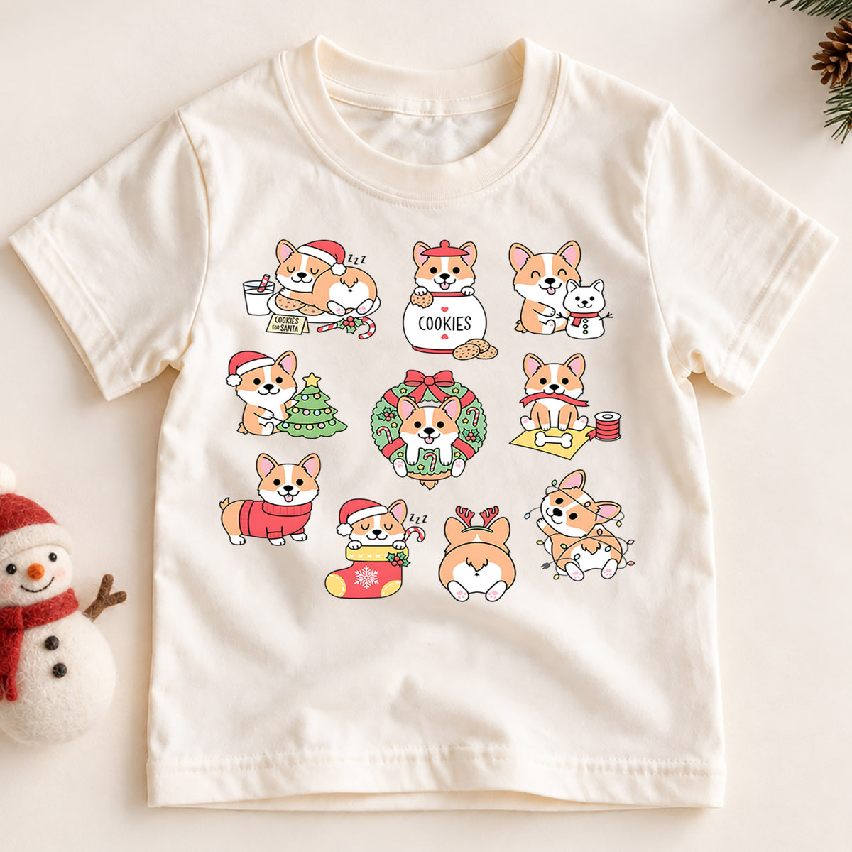 Cute Christmas Corgi Grid Shirt, Retro Holiday Dogs Postage Tee, Festive Kids Top, Cute Corgi Christmas Holiday Outfit, Gift For Kids — product view 2