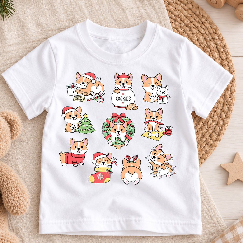 Cute Christmas Corgi Grid Shirt, Retro Holiday Dogs Postage Tee, Festive Kids Top, Cute Corgi Christmas Holiday Outfit, Gift For Kids — product view 3