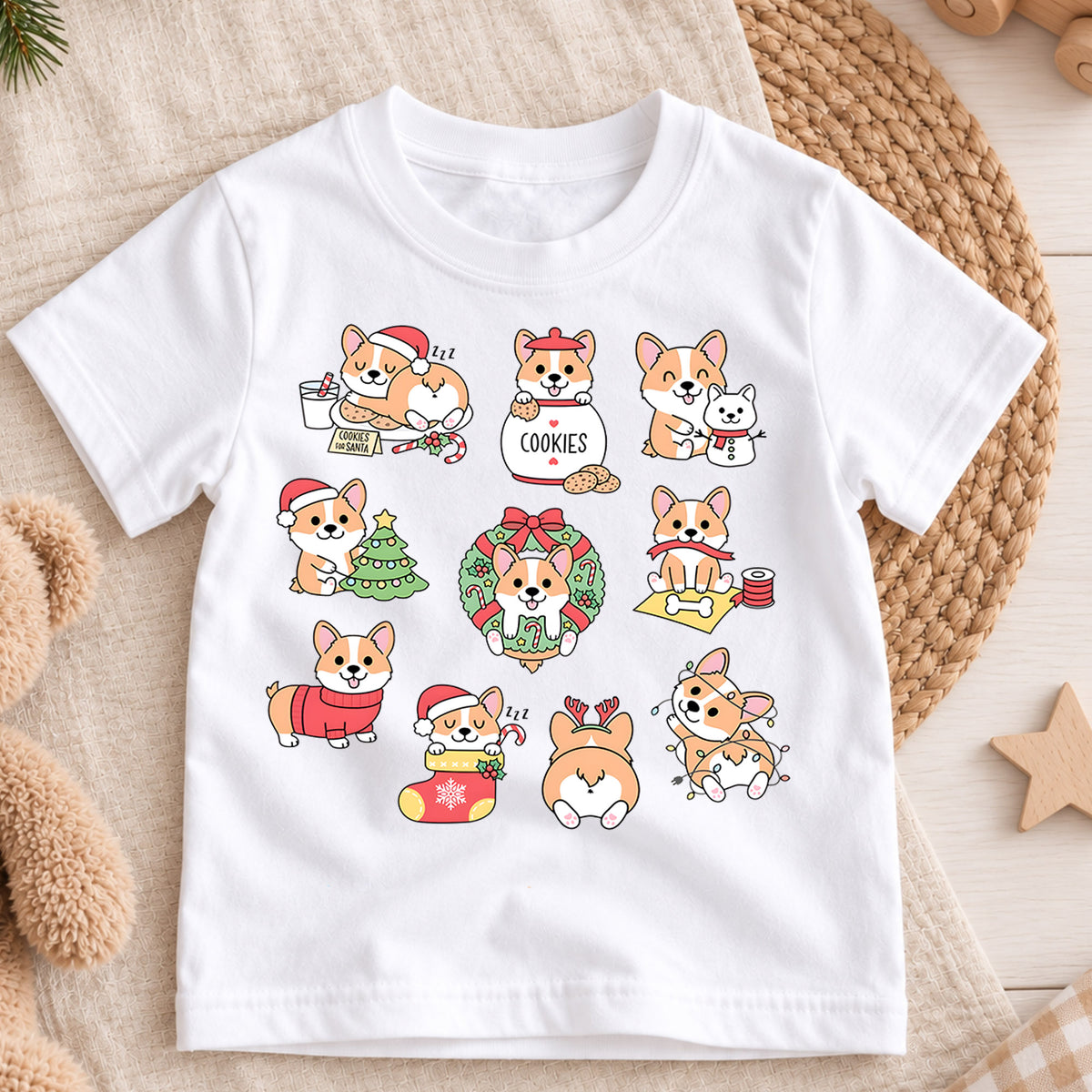 Cute Christmas Corgi Grid Shirt, Retro Holiday Dogs Postage Tee, Festive Kids Top, Cute Corgi Christmas Holiday Outfit, Gift For Kids — product view 3