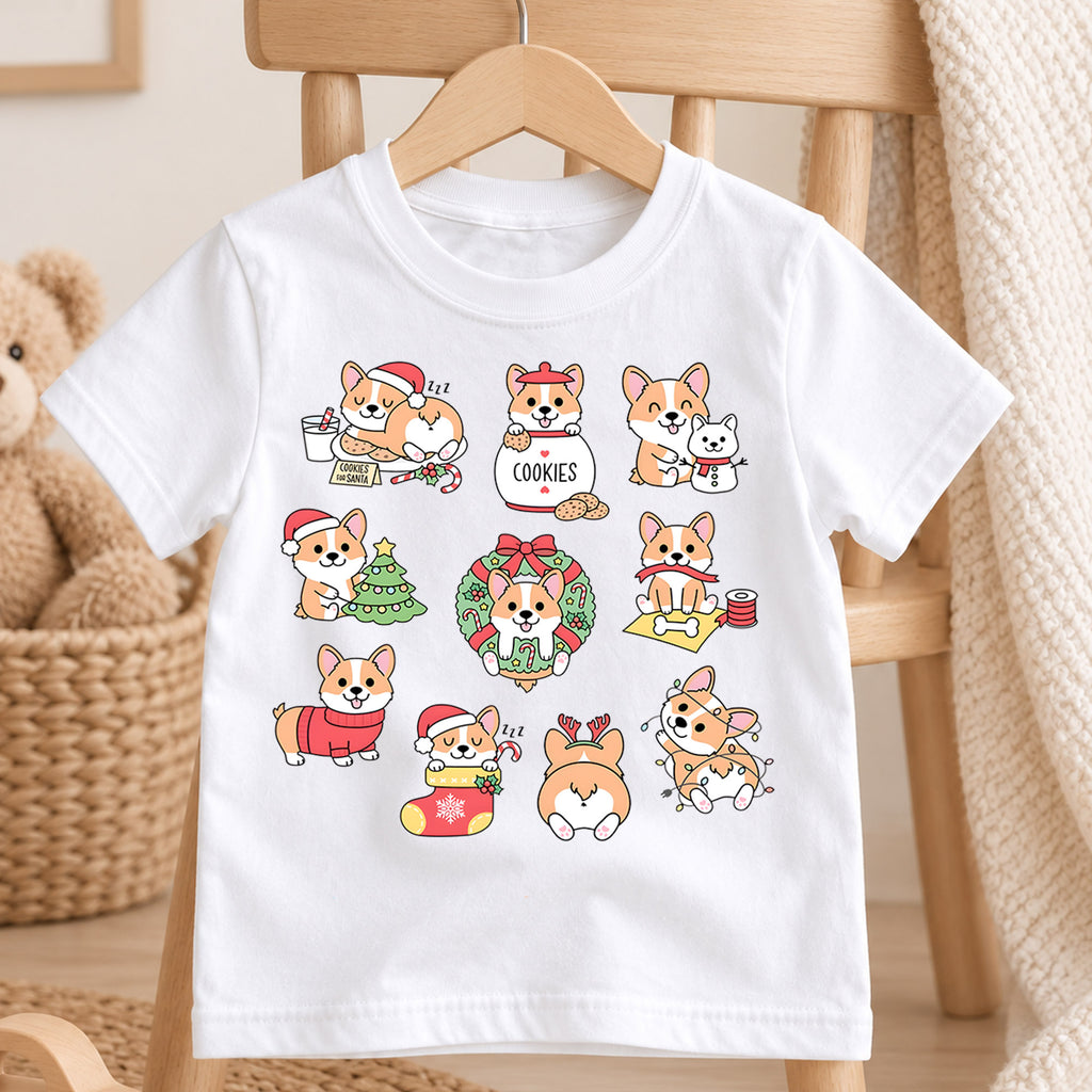 Cute Christmas Corgi Grid Shirt, Retro Holiday Dogs Postage Tee, Festive Kids Top, Cute Corgi Christmas Holiday Outfit, Gift For Kids — product view 4