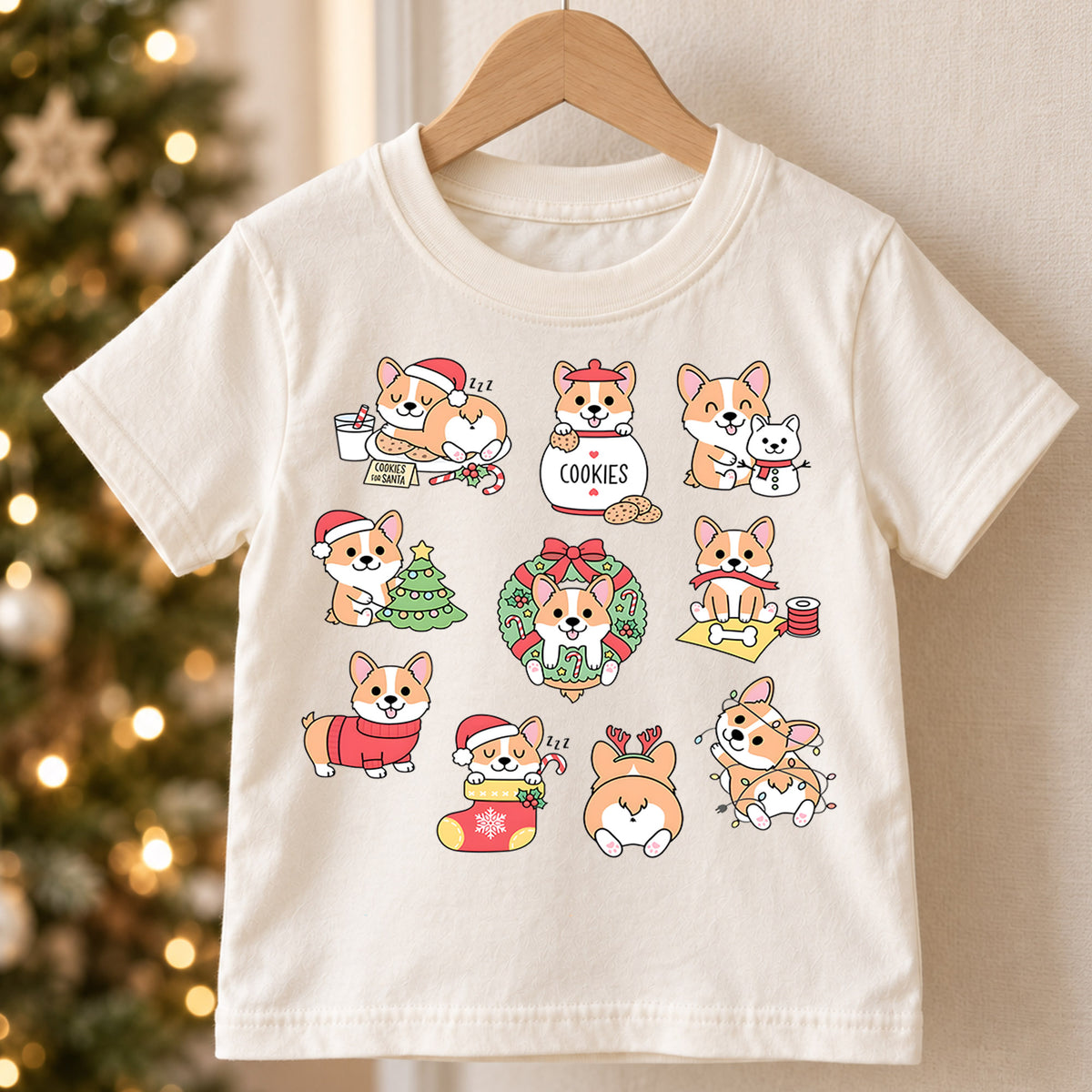 Cute Christmas Corgi Grid Shirt, Retro Holiday Dogs Postage Tee, Festive Kids Top, Cute Corgi Christmas Holiday Outfit, Gift For Kids — product view 5