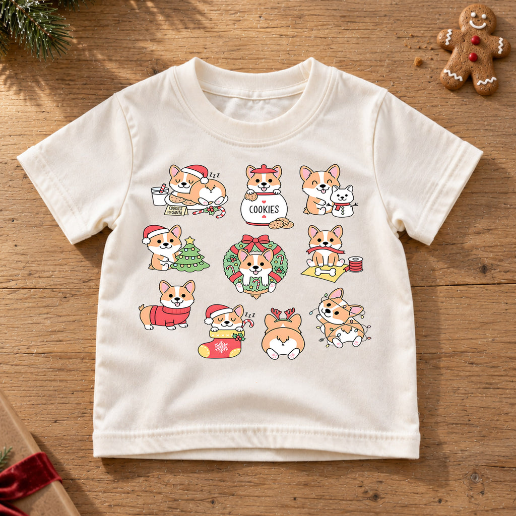 Cute Christmas Corgi Grid Shirt, Retro Holiday Dogs Postage Tee, Festive Kids Top, Cute Corgi Christmas Holiday Outfit, Gift For Kids — product view 6