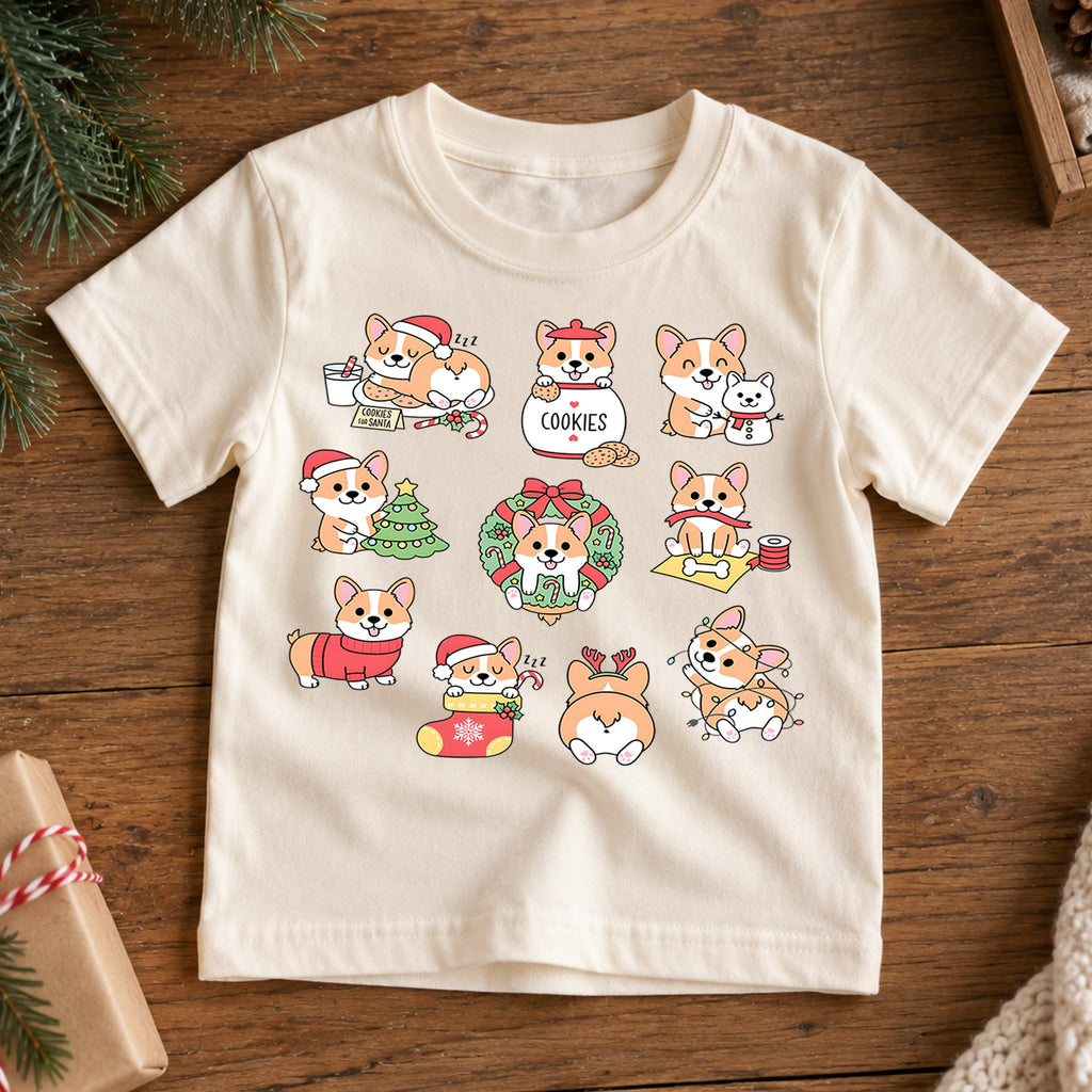 Cute Christmas Corgi Grid Shirt, Retro Holiday Dogs Postage Tee, Festive Kids Top, Cute Corgi Christmas Holiday Outfit, Gift For Kids — product view 7
