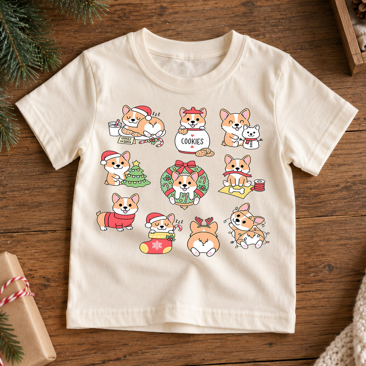 Cute Christmas Corgi Grid Shirt, Retro Holiday Dogs Postage Tee, Festive Kids Top, Cute Corgi Christmas Holiday Outfit, Gift For Kids — product view 7