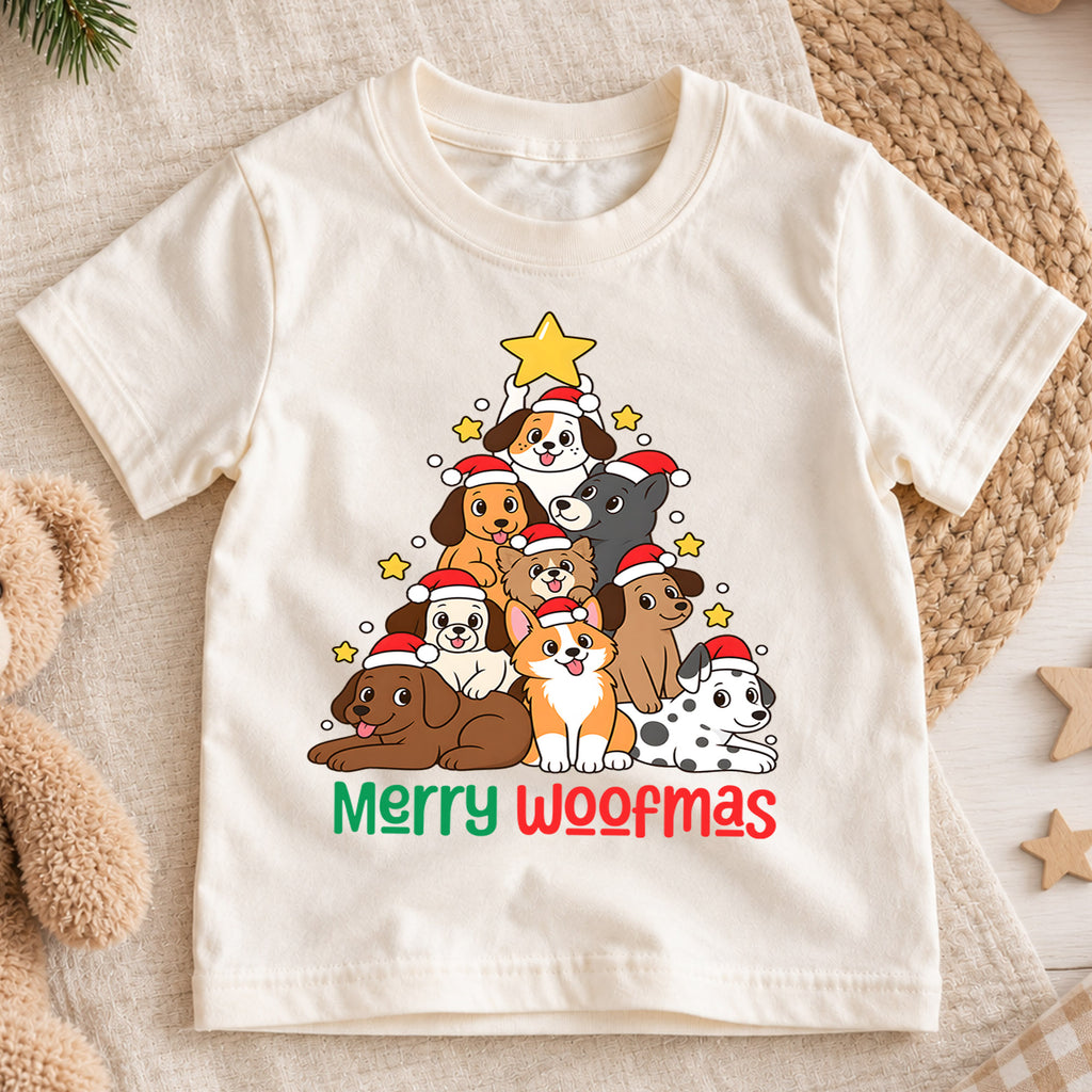 Merry Woofmas Dog Christmas Tree Shirt, Cute Holiday Puppies Tee, Festive Winter Kids Top, Cute Dog Christmas Outfit, Gift For Kids — product view 1