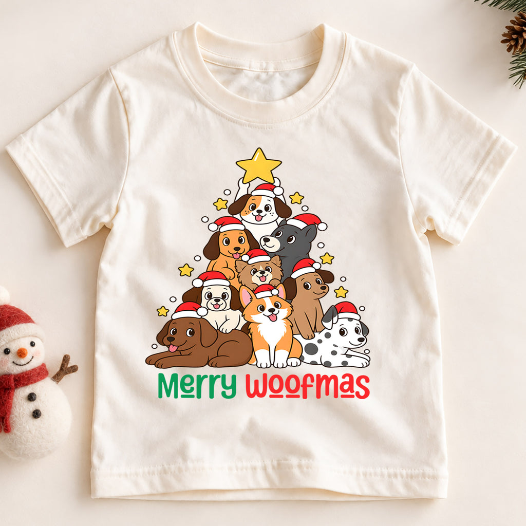 Merry Woofmas Dog Christmas Tree Shirt, Cute Holiday Puppies Tee, Festive Winter Kids Top, Cute Dog Christmas Outfit, Gift For Kids — product view 2