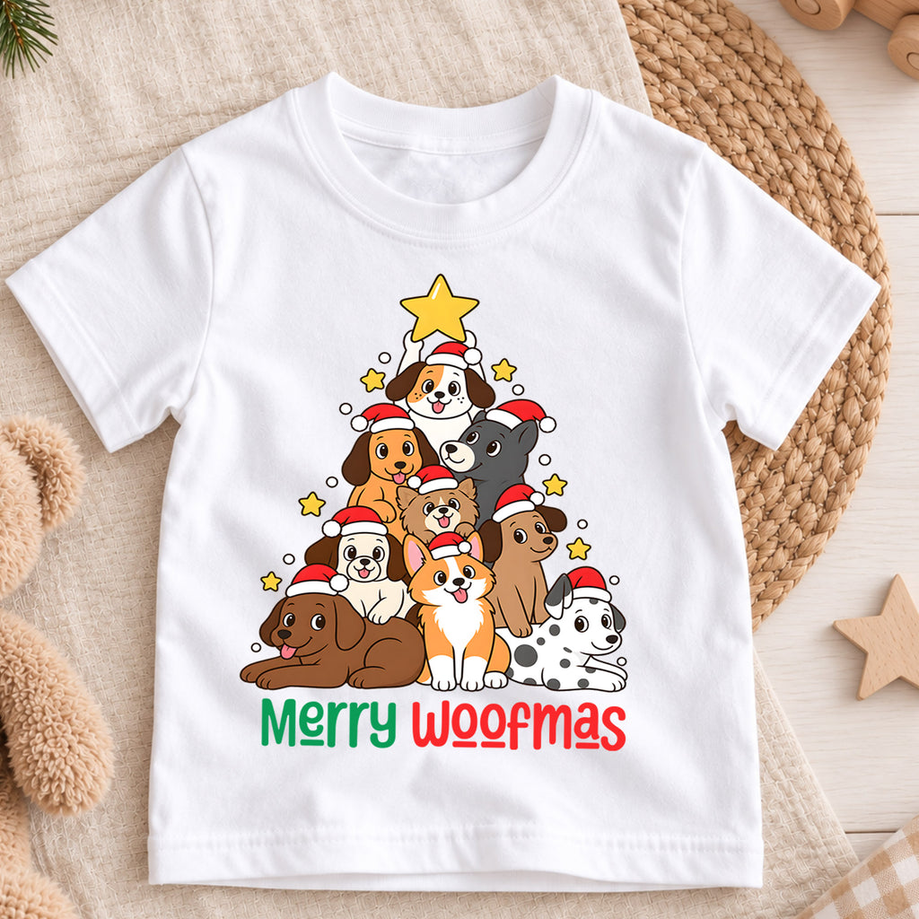 Merry Woofmas Dog Christmas Tree Shirt, Cute Holiday Puppies Tee, Festive Winter Kids Top, Cute Dog Christmas Outfit, Gift For Kids — product view 3
