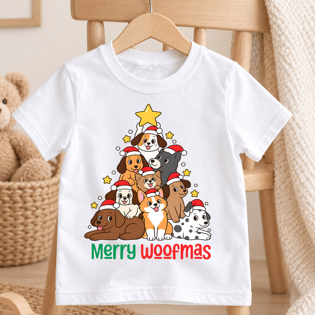 Merry Woofmas Dog Christmas Tree Shirt, Cute Holiday Puppies Tee, Festive Winter Kids Top, Cute Dog Christmas Outfit, Gift For Kids — product view 4