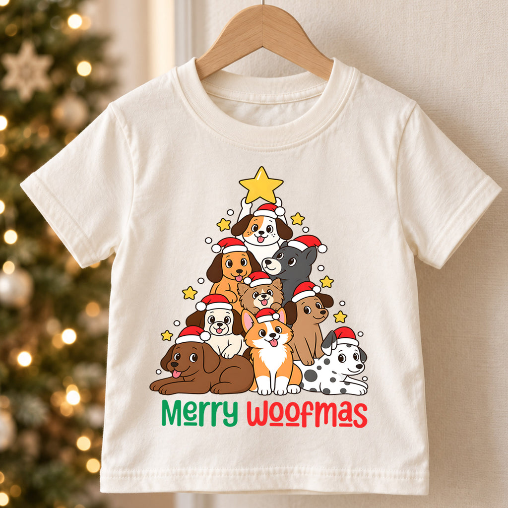 Merry Woofmas Dog Christmas Tree Shirt, Cute Holiday Puppies Tee, Festive Winter Kids Top, Cute Dog Christmas Outfit, Gift For Kids — product view 5