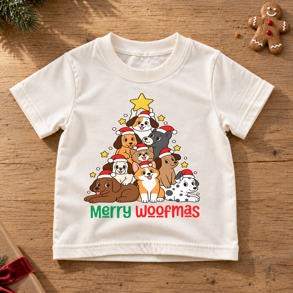 Merry Woofmas Dog Christmas Tree Shirt, Cute Holiday Puppies Tee, Festive Winter Kids Top, Cute Dog Christmas Outfit, Gift For Kids — product view 6