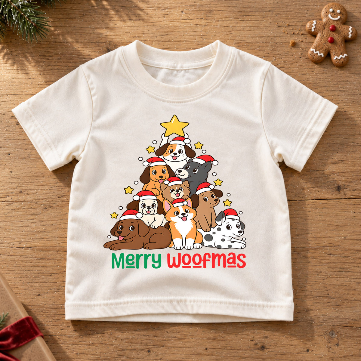 Merry Woofmas Dog Christmas Tree Shirt, Cute Holiday Puppies Tee, Festive Winter Kids Top, Cute Dog Christmas Outfit, Gift For Kids — product view 6