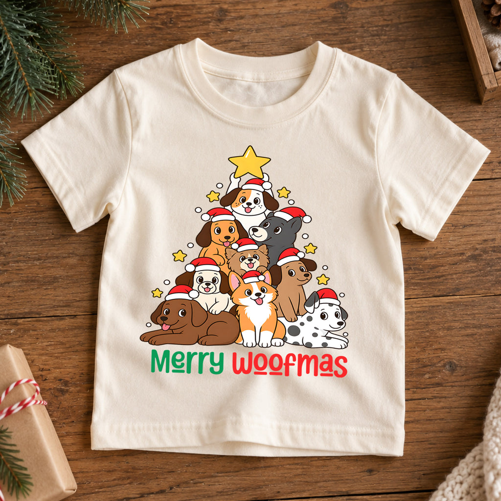 Merry Woofmas Dog Christmas Tree Shirt, Cute Holiday Puppies Tee, Festive Winter Kids Top, Cute Dog Christmas Outfit, Gift For Kids — product view 7