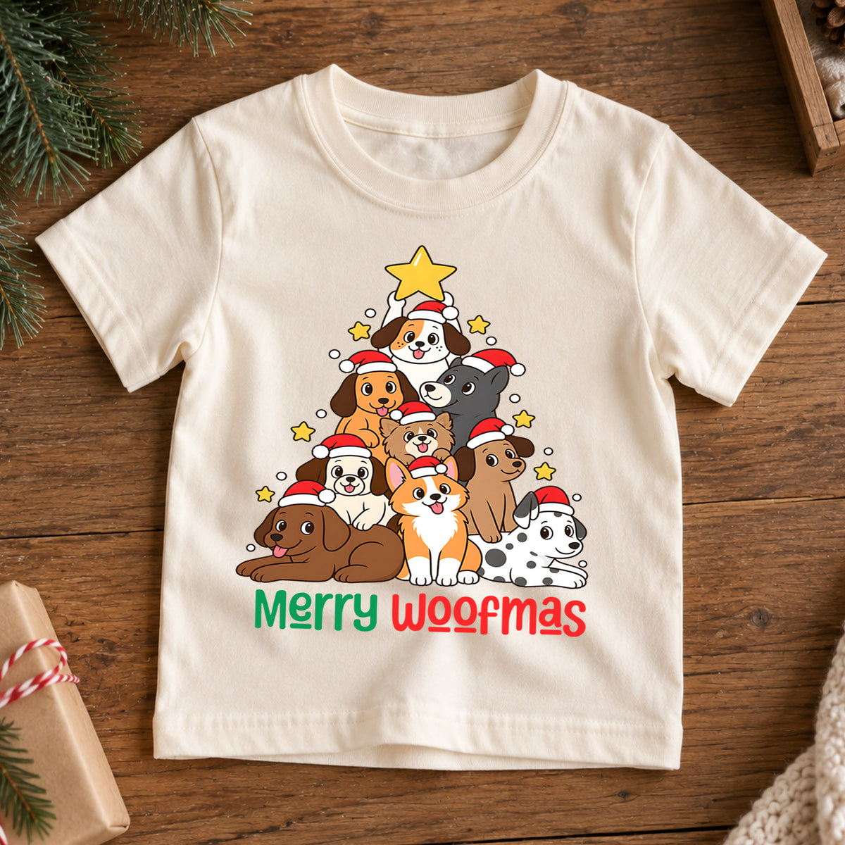 Merry Woofmas Dog Christmas Tree Shirt, Cute Holiday Puppies Tee, Festive Winter Kids Top, Cute Dog Christmas Outfit, Gift For Kids — product view 7