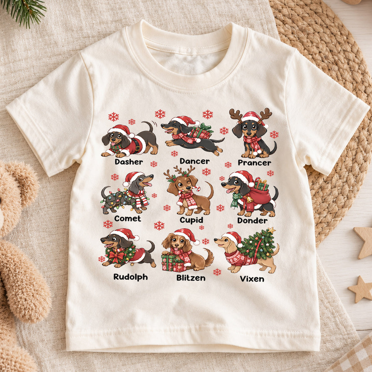 Cute Christmas Dachshunds Reindeer Names Shirt, Festive Holiday Sausage Dogs Tee, Kids Top, Cute Dachshund Christmas Outfit, Gift For Kids — product view 1