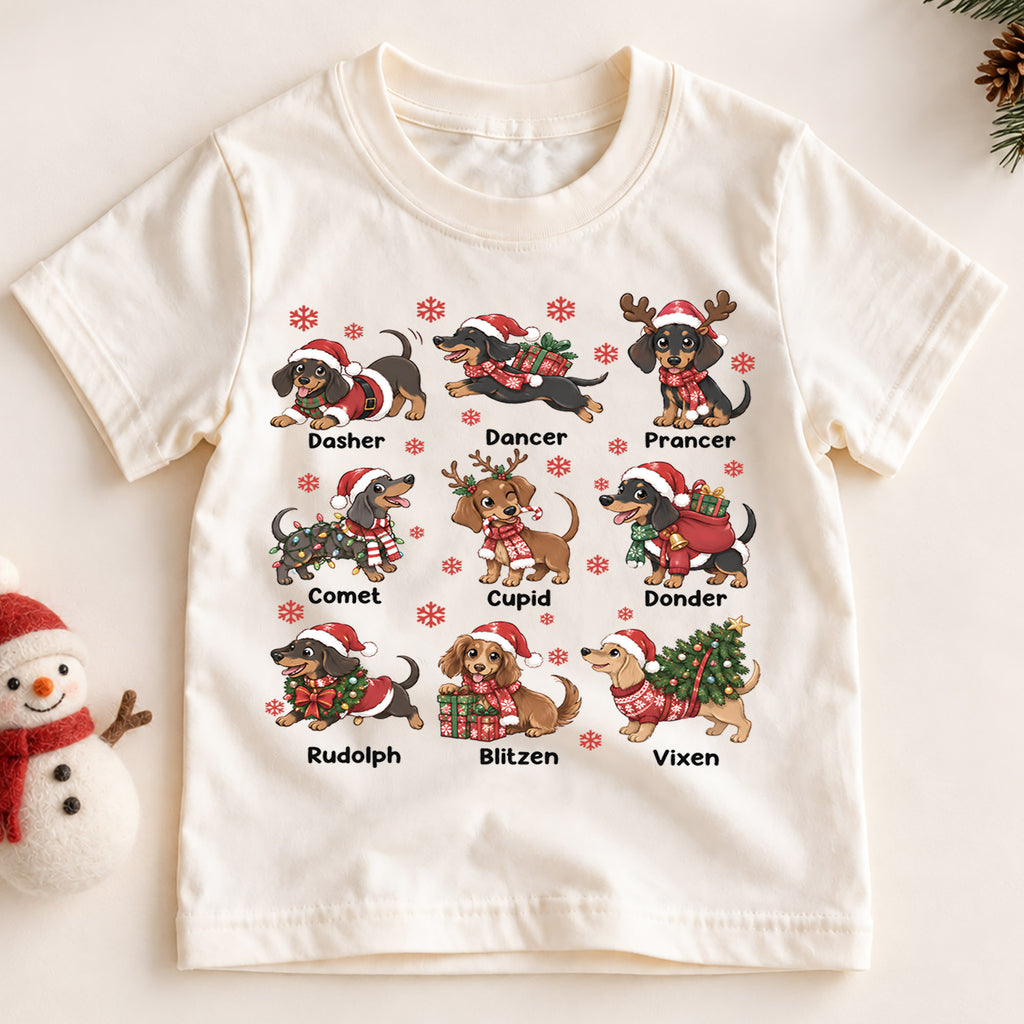 Cute Christmas Dachshunds Reindeer Names Shirt, Festive Holiday Sausage Dogs Tee, Kids Top, Cute Dachshund Christmas Outfit, Gift For Kids — product view 2