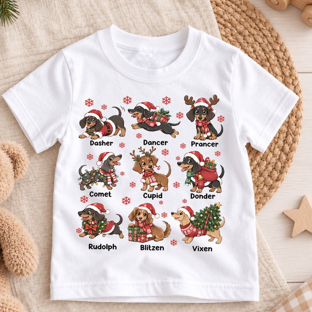Cute Christmas Dachshunds Reindeer Names Shirt, Festive Holiday Sausage Dogs Tee, Kids Top, Cute Dachshund Christmas Outfit, Gift For Kids — product view 3
