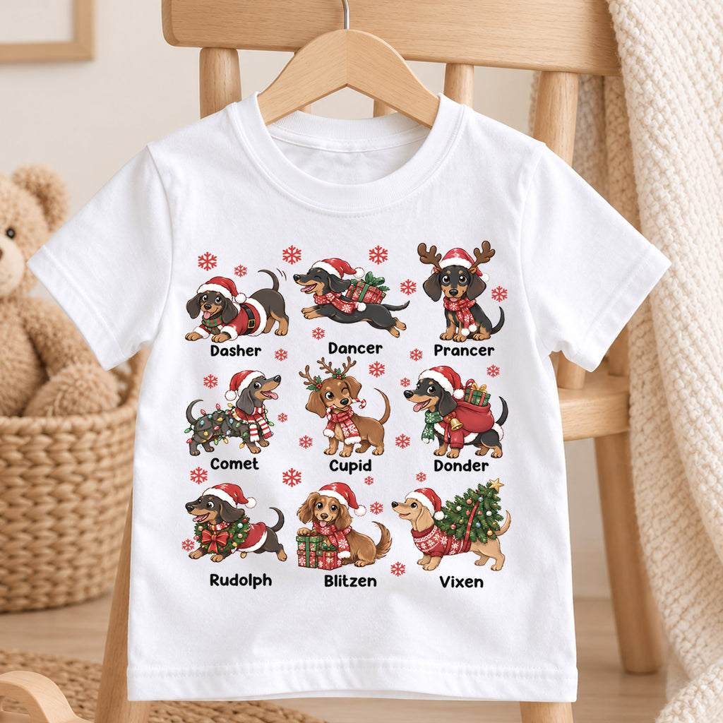 Cute Christmas Dachshunds Reindeer Names Shirt, Festive Holiday Sausage Dogs Tee, Kids Top, Cute Dachshund Christmas Outfit, Gift For Kids — product view 4