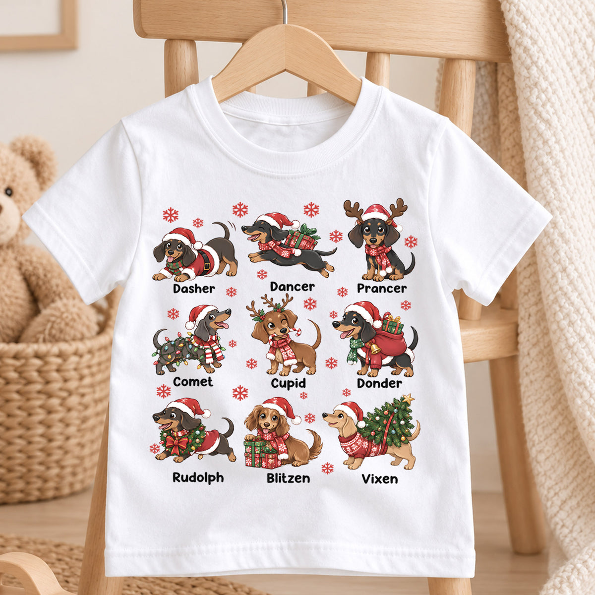 Cute Christmas Dachshunds Reindeer Names Shirt, Festive Holiday Sausage Dogs Tee, Kids Top, Cute Dachshund Christmas Outfit, Gift For Kids — product view 4