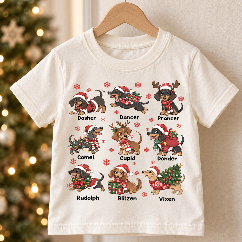 Cute Christmas Dachshunds Reindeer Names Shirt, Festive Holiday Sausage Dogs Tee, Kids Top, Cute Dachshund Christmas Outfit, Gift For Kids — product view 5