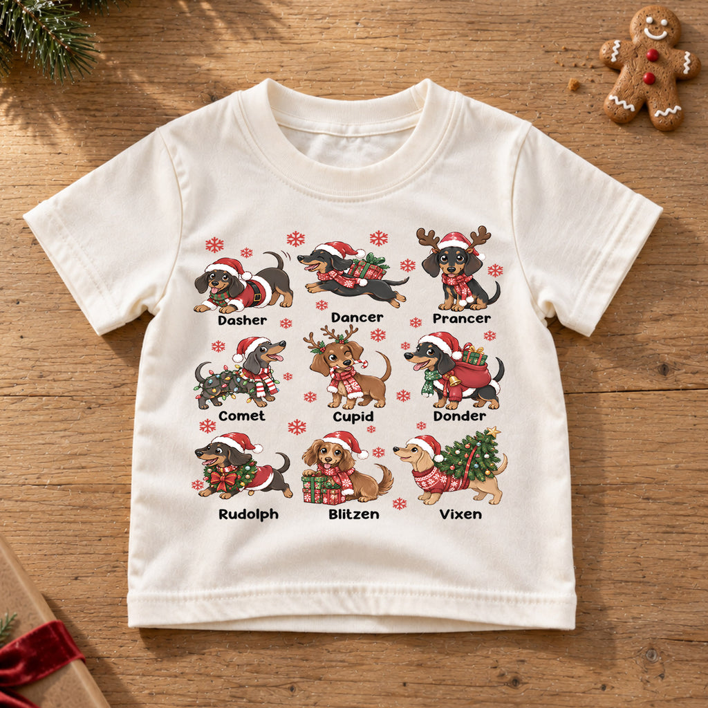 Cute Christmas Dachshunds Reindeer Names Shirt, Festive Holiday Sausage Dogs Tee, Kids Top, Cute Dachshund Christmas Outfit, Gift For Kids — product view 6