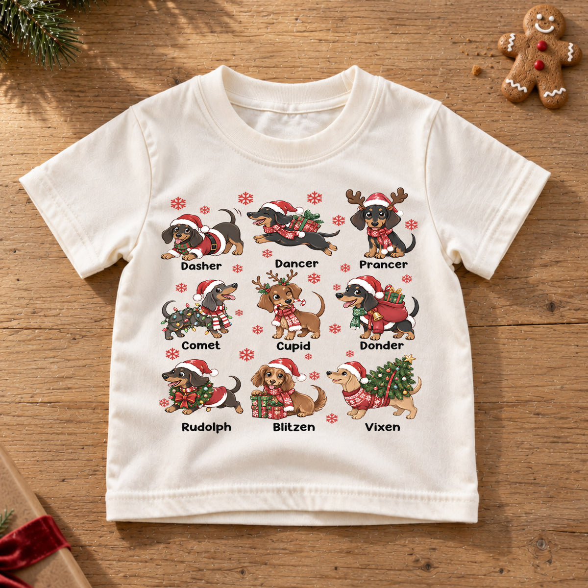 Cute Christmas Dachshunds Reindeer Names Shirt, Festive Holiday Sausage Dogs Tee, Kids Top, Cute Dachshund Christmas Outfit, Gift For Kids — product view 6