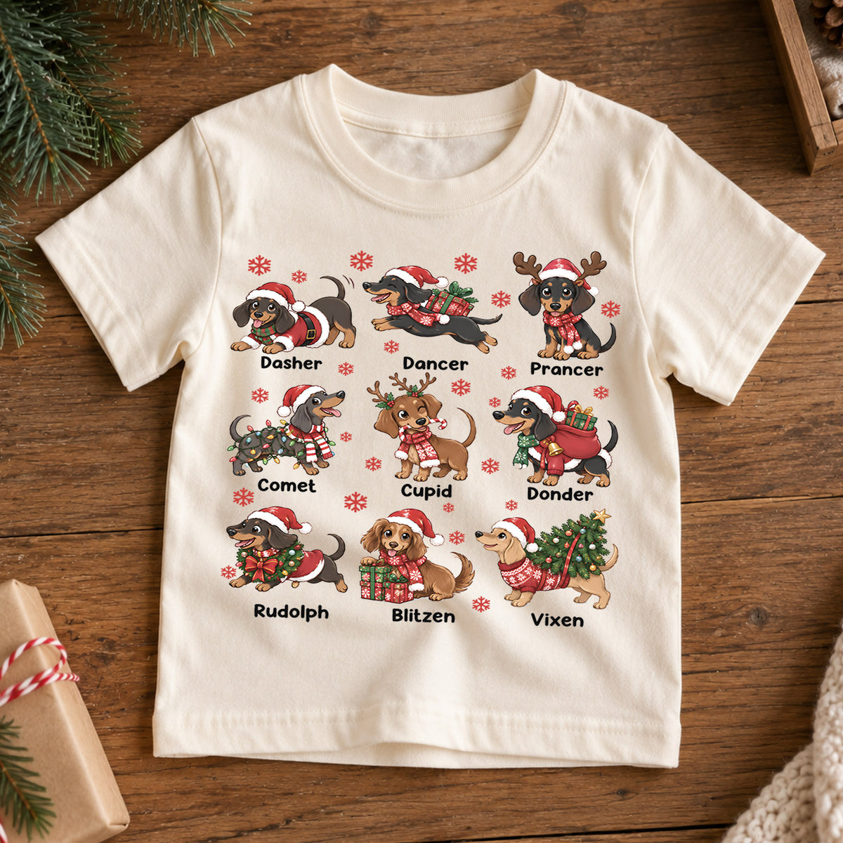 Cute Christmas Dachshunds Reindeer Names Shirt, Festive Holiday Sausage Dogs Tee, Kids Top, Cute Dachshund Christmas Outfit, Gift For Kids — product view 7