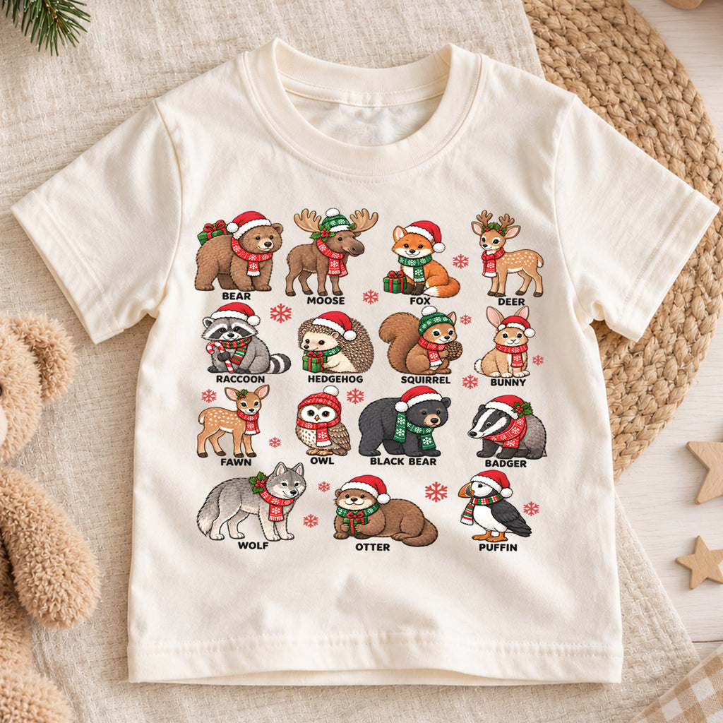 Cute Christmas Woodland Animals Shirt, Festive Forest Friends Kids Tee, Winter Holiday Top, Cute Woodland Christmas Outfit, Gift For Kids — product view 1