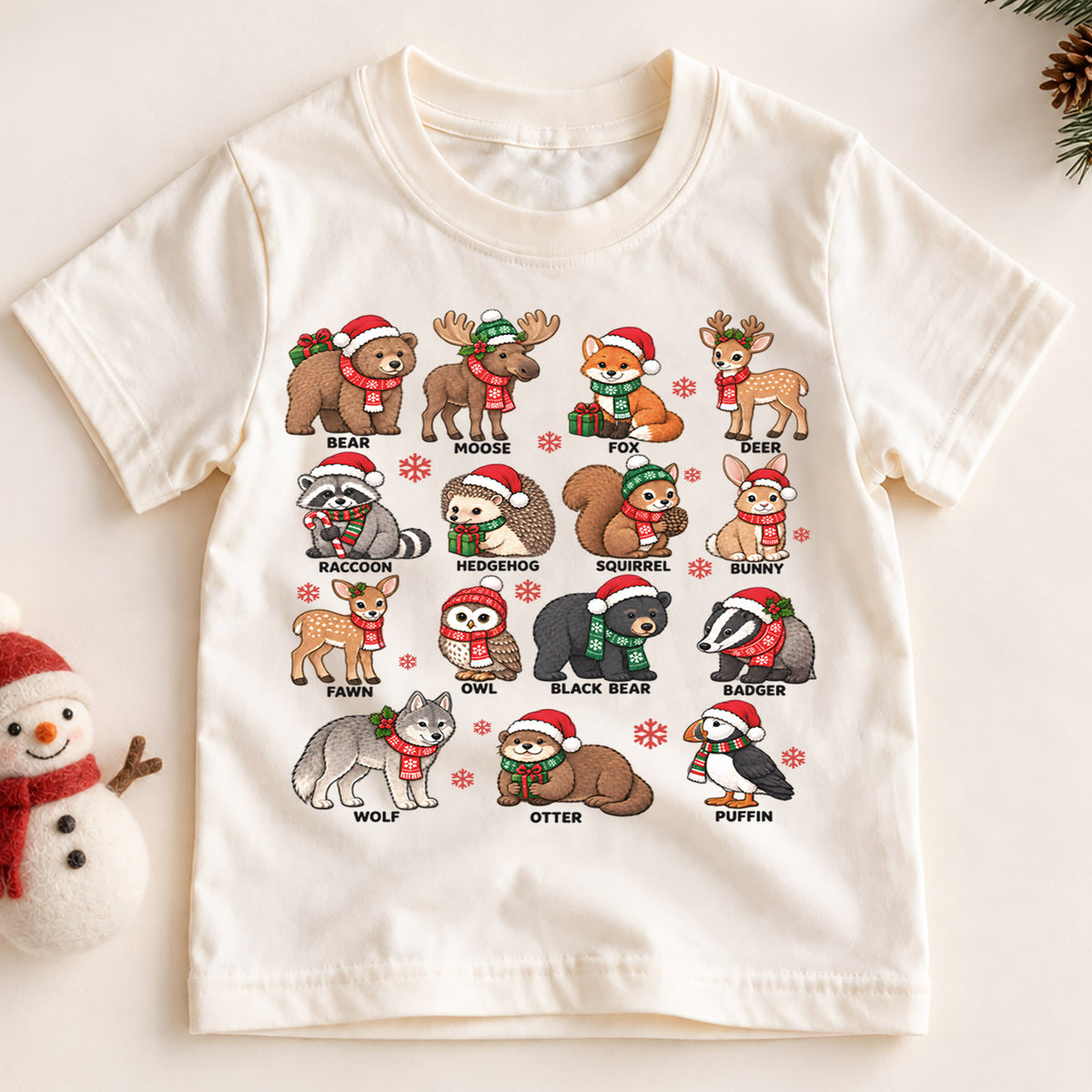 Cute Christmas Woodland Animals Shirt, Festive Forest Friends Kids Tee, Winter Holiday Top, Cute Woodland Christmas Outfit, Gift For Kids — product view 2