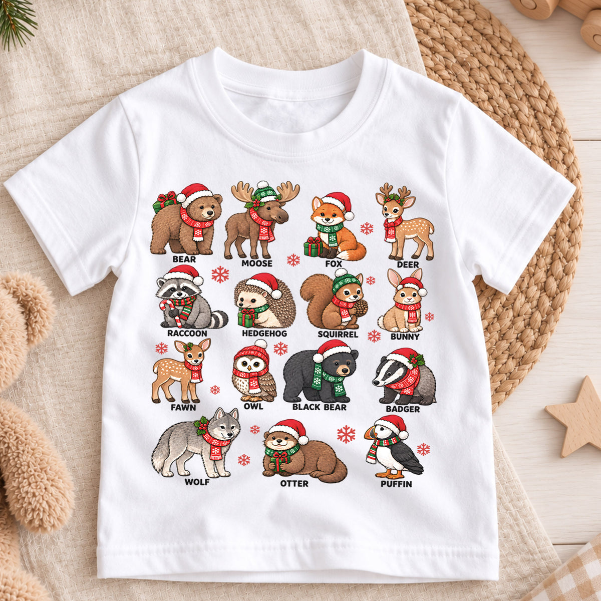 Cute Christmas Woodland Animals Shirt, Festive Forest Friends Kids Tee, Winter Holiday Top, Cute Woodland Christmas Outfit, Gift For Kids — product view 3