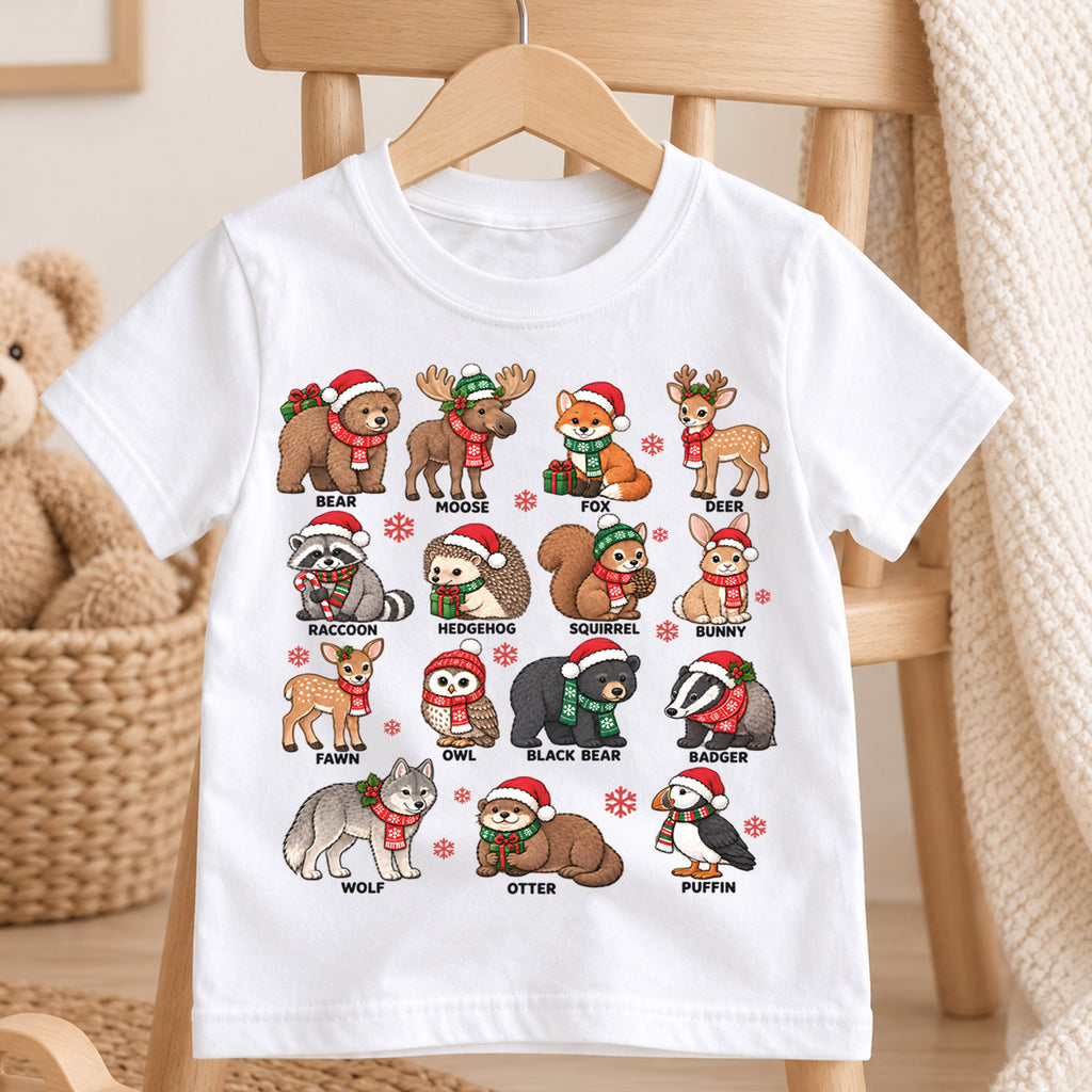 Cute Christmas Woodland Animals Shirt, Festive Forest Friends Kids Tee, Winter Holiday Top, Cute Woodland Christmas Outfit, Gift For Kids — product view 4