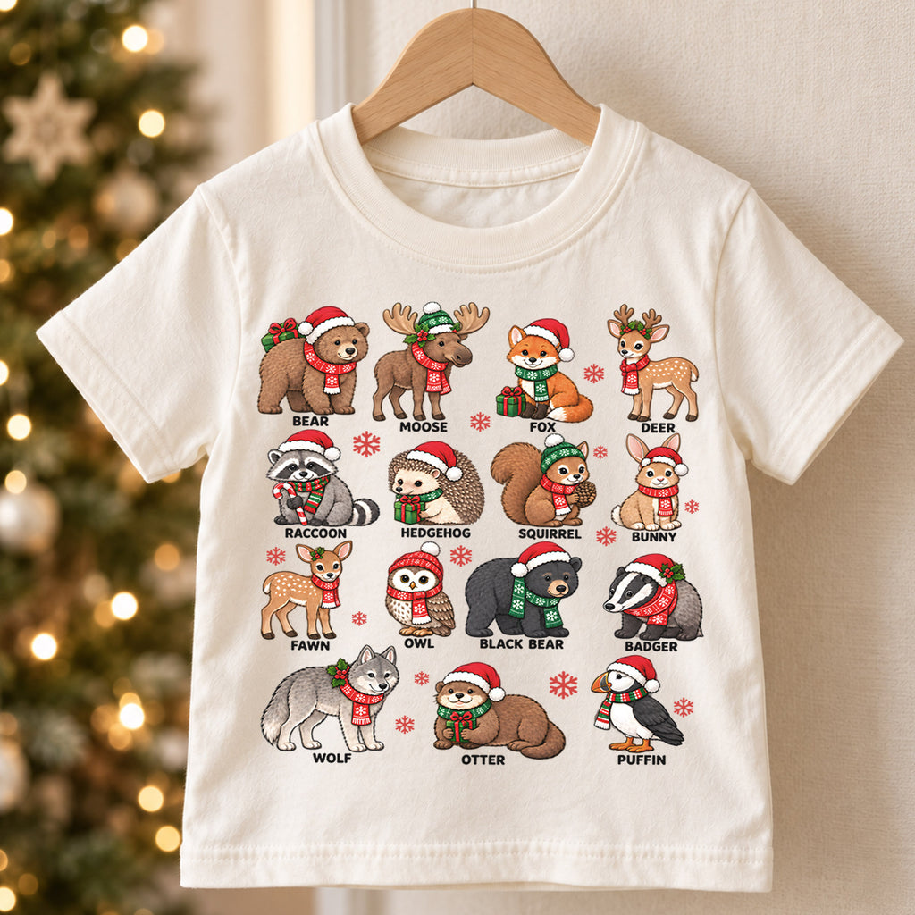 Cute Christmas Woodland Animals Shirt, Festive Forest Friends Kids Tee, Winter Holiday Top, Cute Woodland Christmas Outfit, Gift For Kids — product view 5