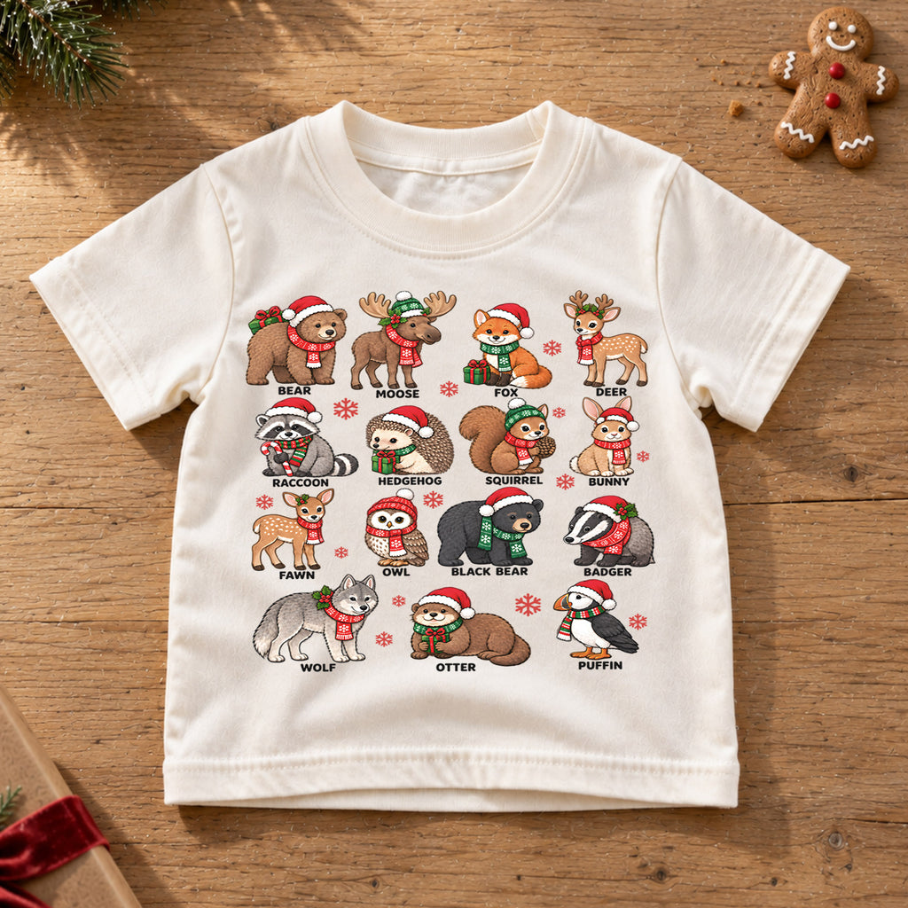 Cute Christmas Woodland Animals Shirt, Festive Forest Friends Kids Tee, Winter Holiday Top, Cute Woodland Christmas Outfit, Gift For Kids — product view 6
