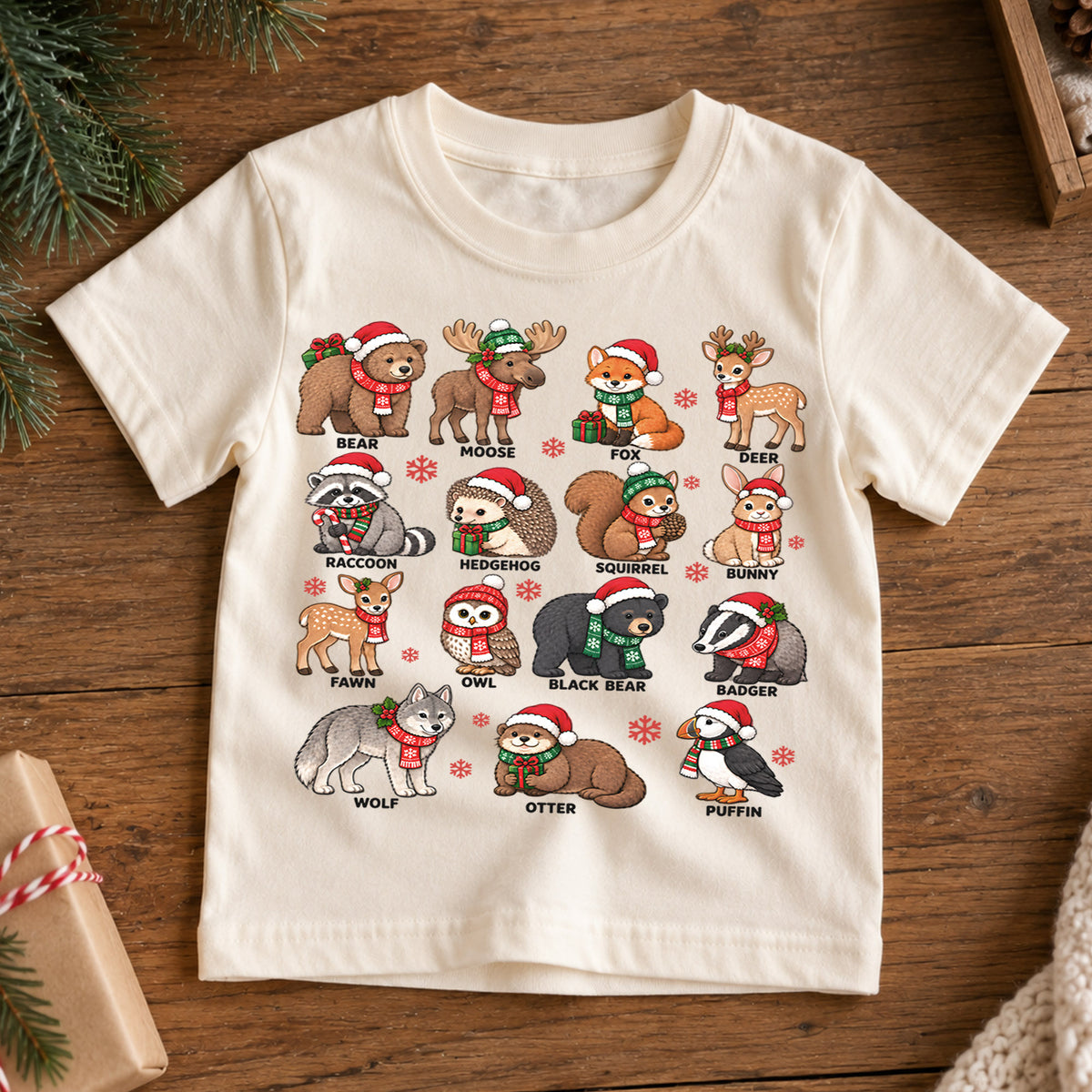 Cute Christmas Woodland Animals Shirt, Festive Forest Friends Kids Tee, Winter Holiday Top, Cute Woodland Christmas Outfit, Gift For Kids — product view 7