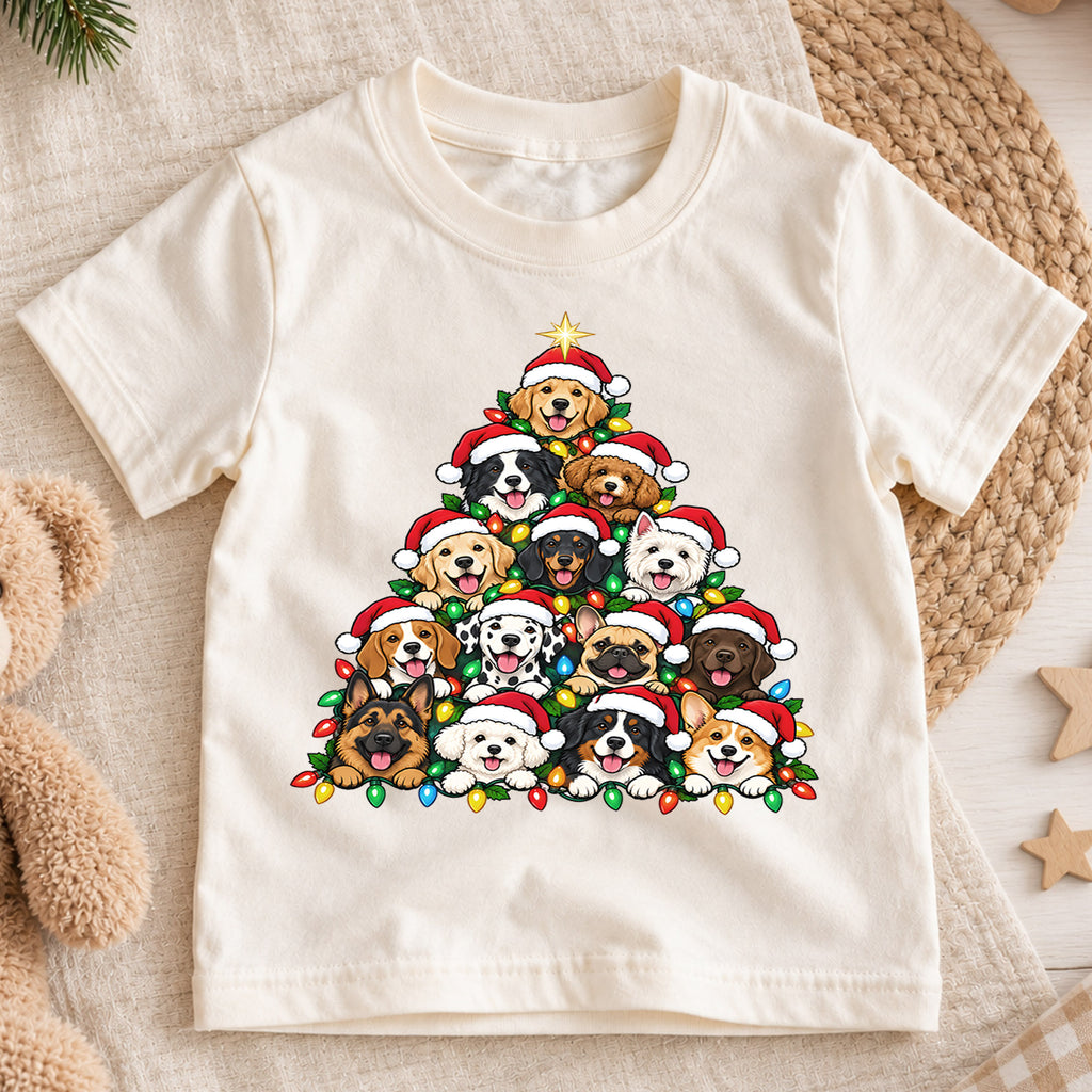 Cute Dog Christmas Tree Pyramid Shirt, Holiday Lights Puppies Tee, Festive Winter Kids Top, Cute Puppy Christmas Outfit, Gift For Kids — product view 1