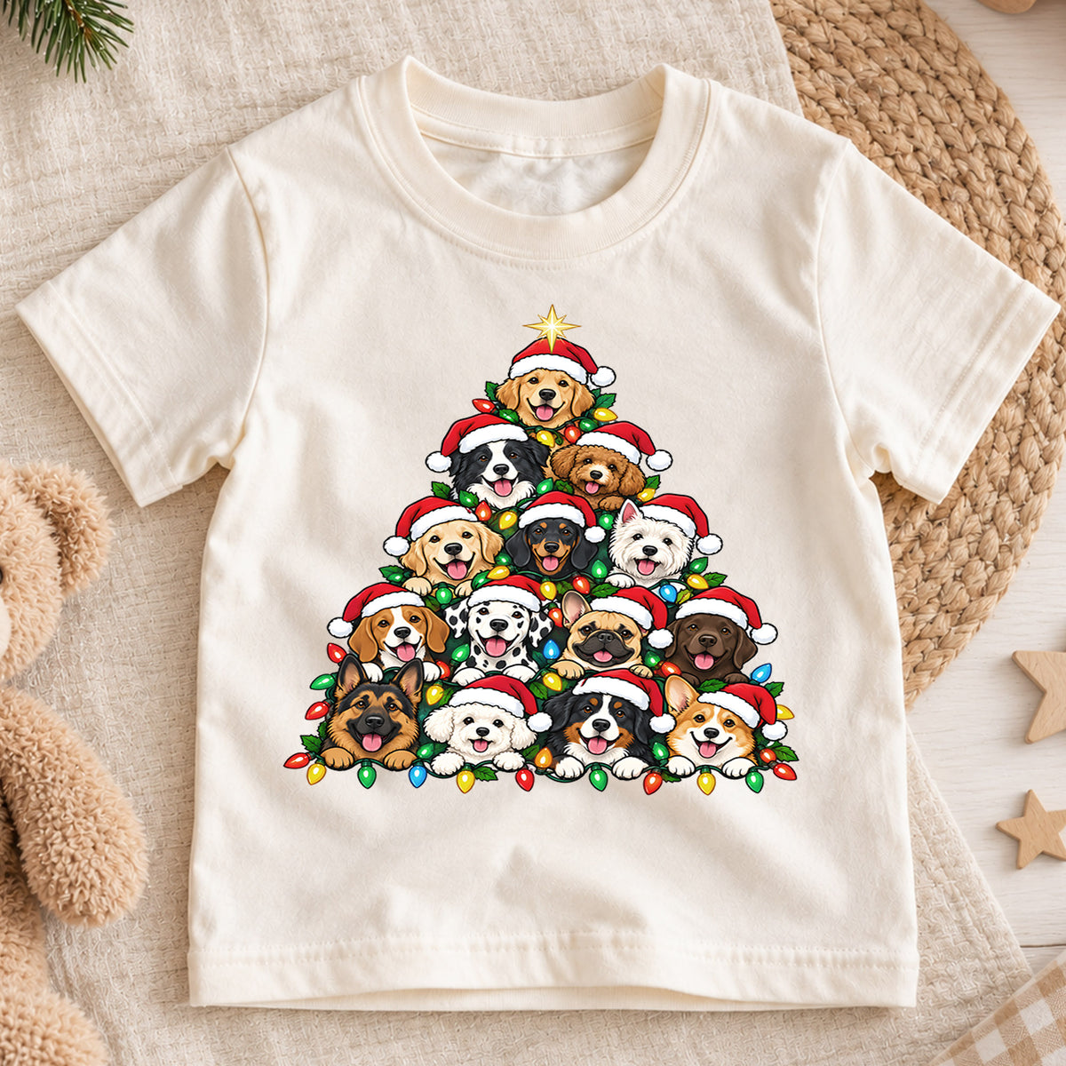 Cute Dog Christmas Tree Pyramid Shirt, Holiday Lights Puppies Tee, Festive Winter Kids Top, Cute Puppy Christmas Outfit, Gift For Kids — product view 1