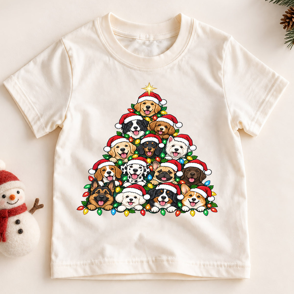 Cute Dog Christmas Tree Pyramid Shirt, Holiday Lights Puppies Tee, Festive Winter Kids Top, Cute Puppy Christmas Outfit, Gift For Kids — product view 2