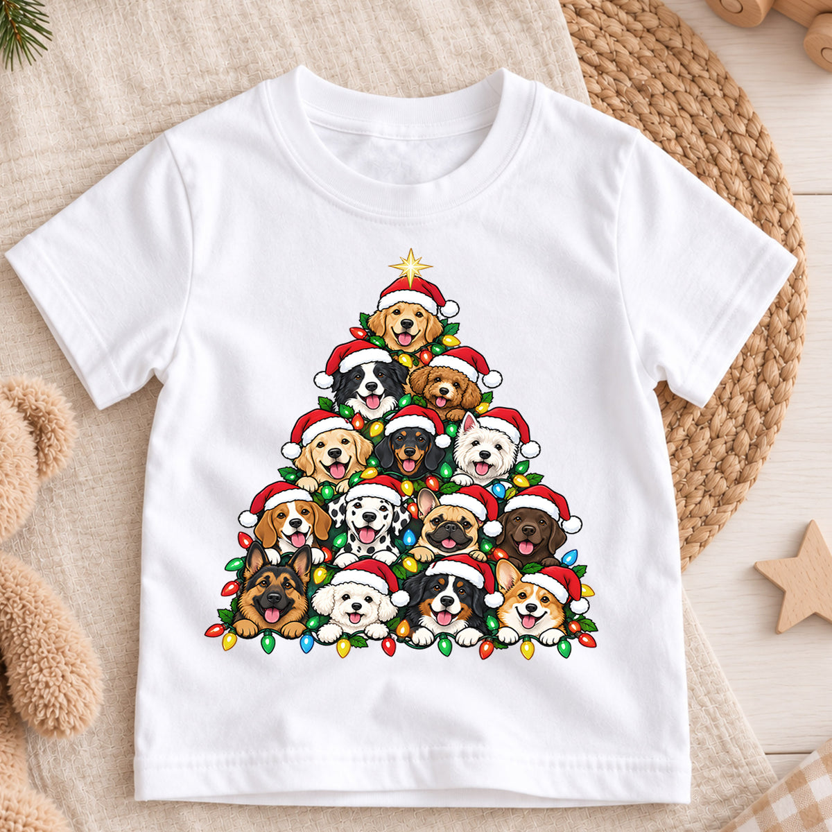 Cute Dog Christmas Tree Pyramid Shirt, Holiday Lights Puppies Tee, Festive Winter Kids Top, Cute Puppy Christmas Outfit, Gift For Kids — product view 3