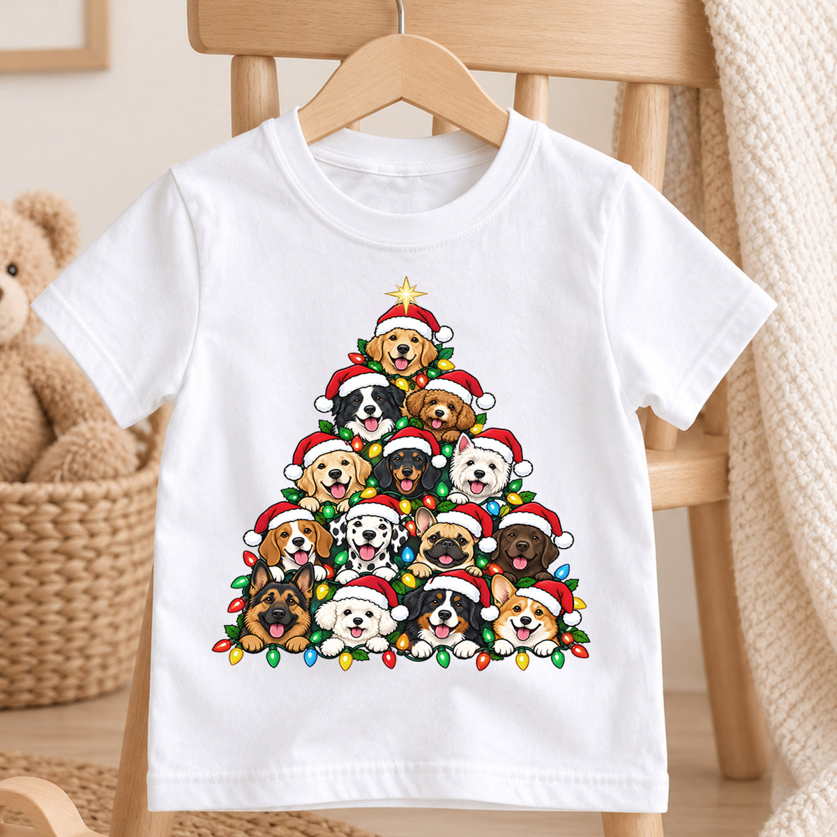 Cute Dog Christmas Tree Pyramid Shirt, Holiday Lights Puppies Tee, Festive Winter Kids Top, Cute Puppy Christmas Outfit, Gift For Kids — product view 4