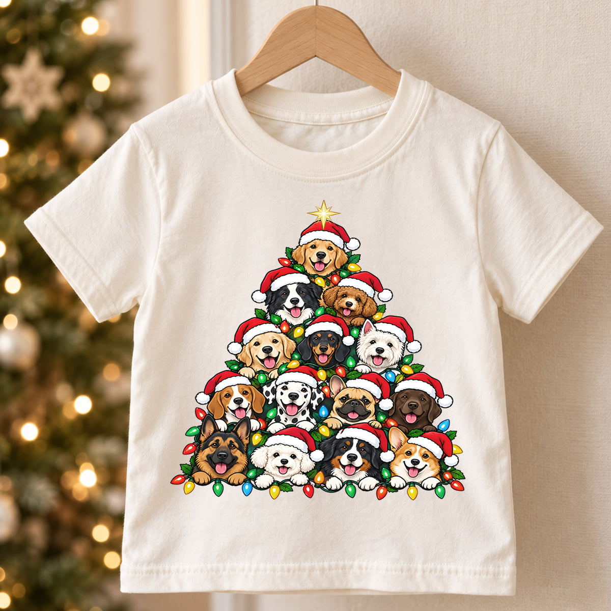 Cute Dog Christmas Tree Pyramid Shirt, Holiday Lights Puppies Tee, Festive Winter Kids Top, Cute Puppy Christmas Outfit, Gift For Kids — product view 5