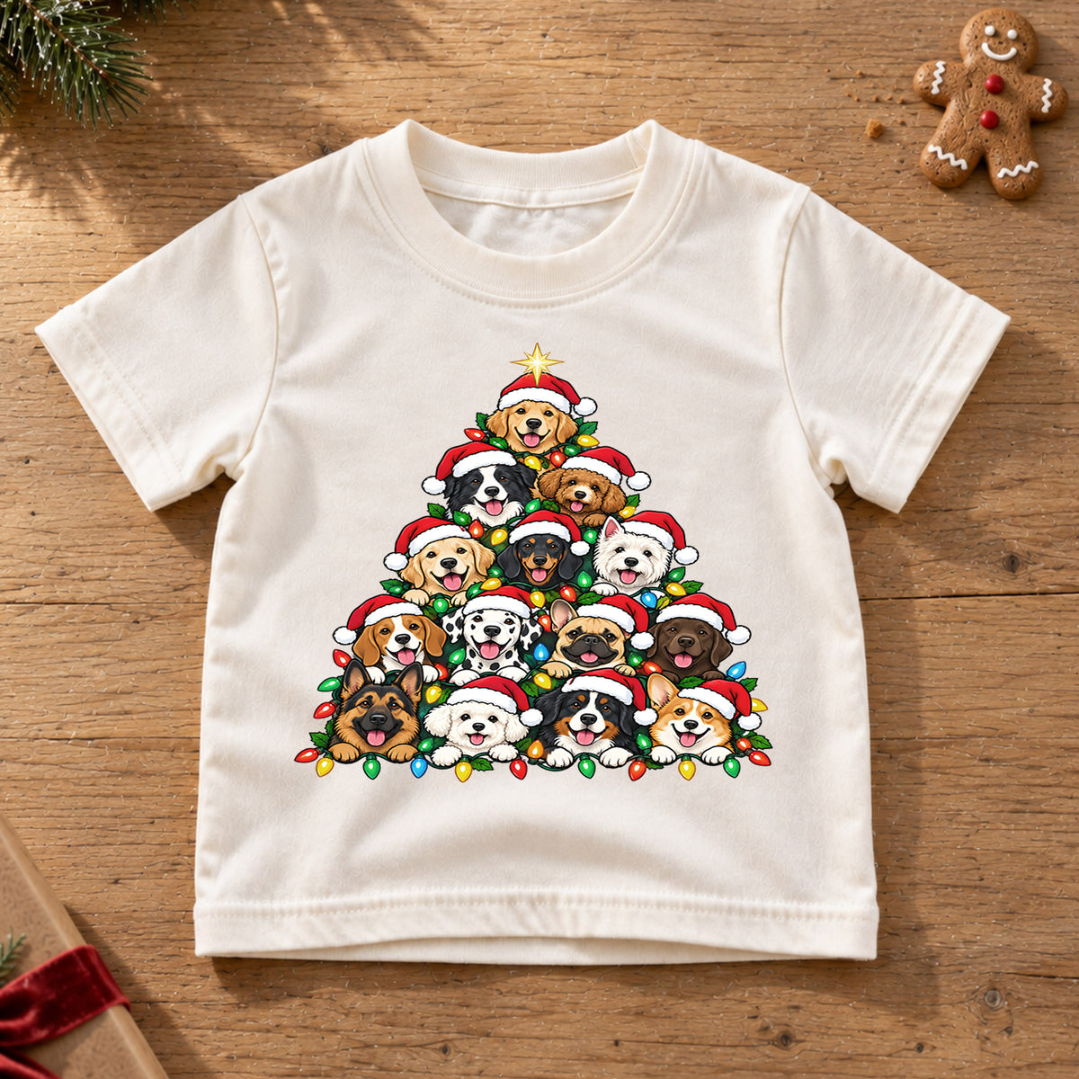 Cute Dog Christmas Tree Pyramid Shirt, Holiday Lights Puppies Tee, Festive Winter Kids Top, Cute Puppy Christmas Outfit, Gift For Kids — product view 6