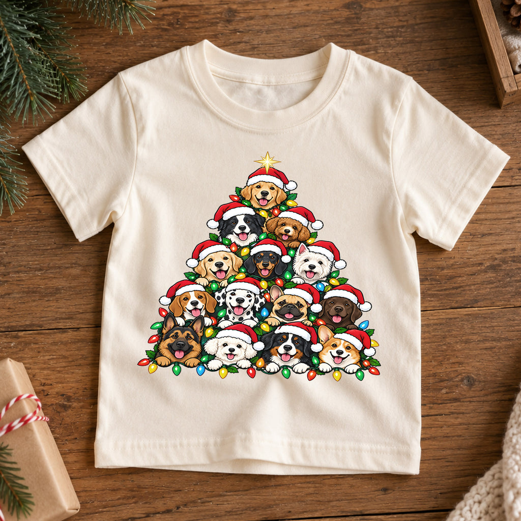 Cute Dog Christmas Tree Pyramid Shirt, Holiday Lights Puppies Tee, Festive Winter Kids Top, Cute Puppy Christmas Outfit, Gift For Kids — product view 7